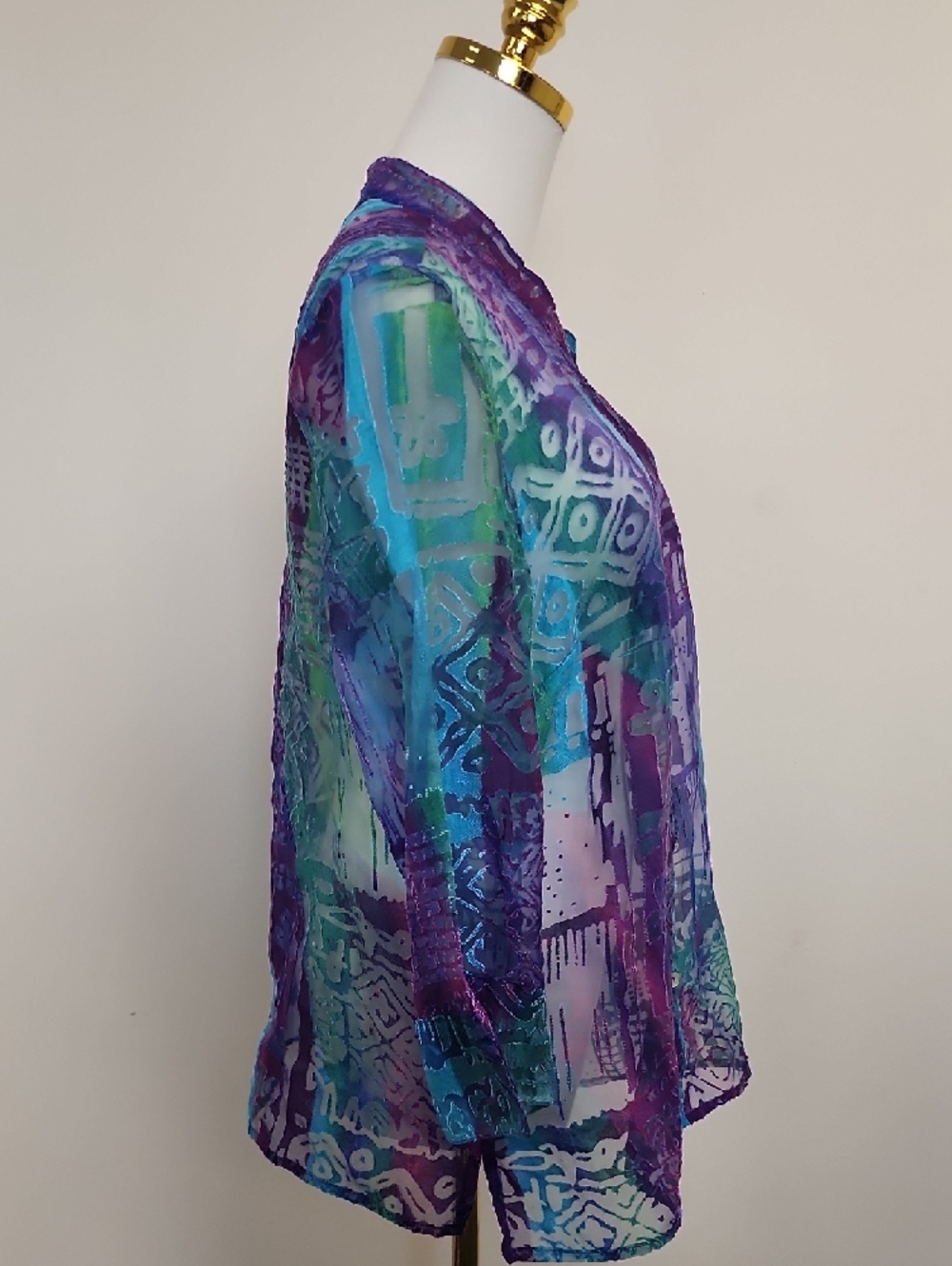 Notations Sheer Abstract Print Button Front Blouse Teal Purple Size Large - Picture 4 of 6